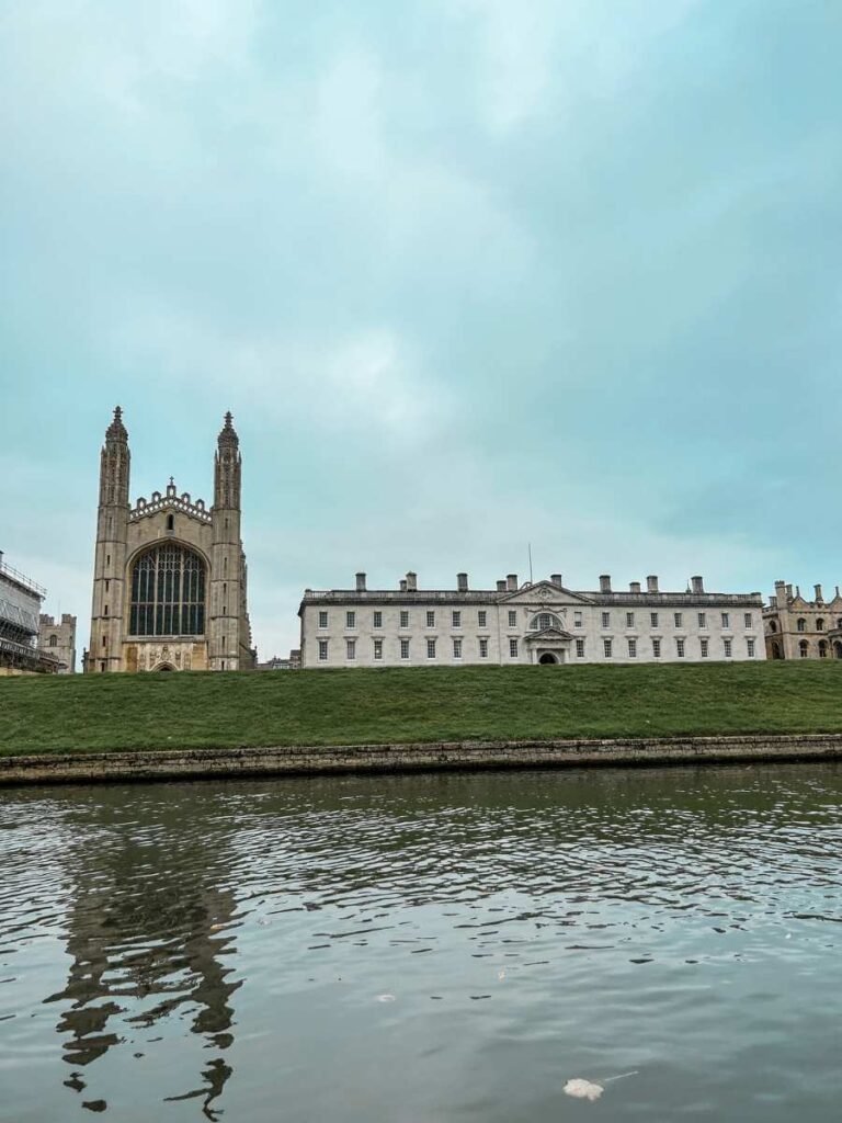 Beautiful river view of King’s College Chapel from a Cambridge punting tour boat.