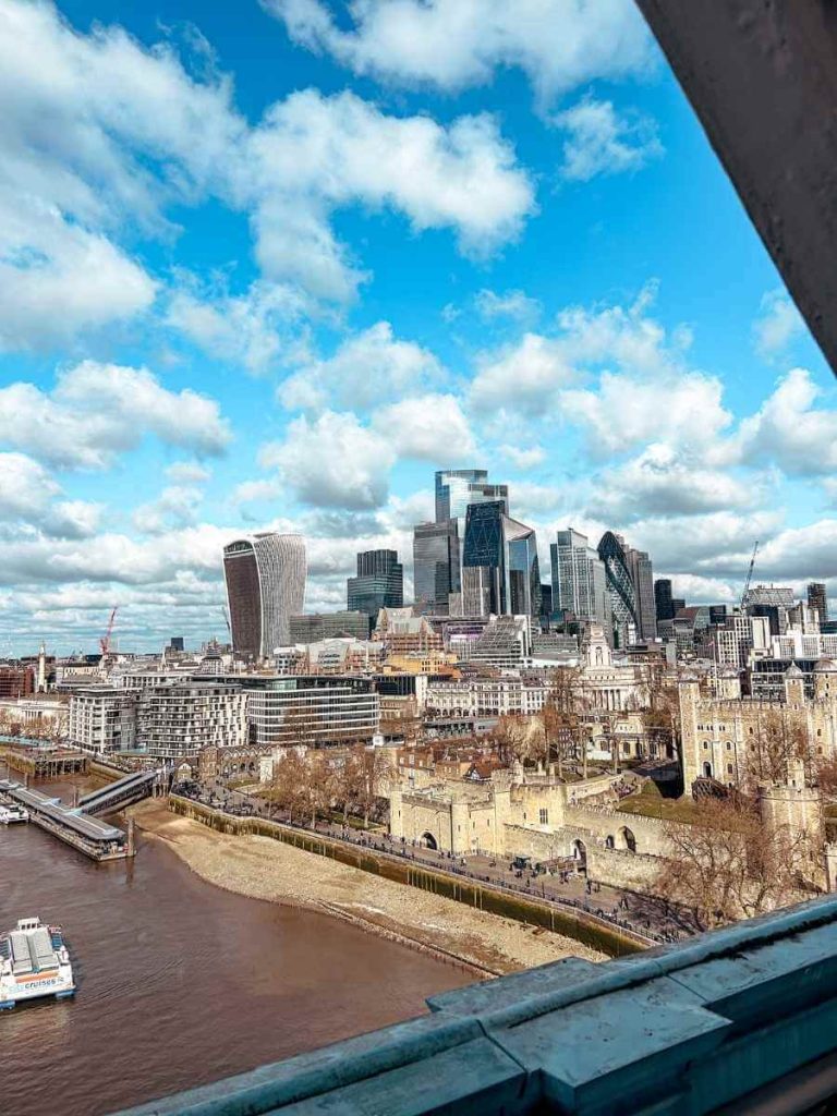 Scenic view of London skyline from Tower Bridge glass walkway