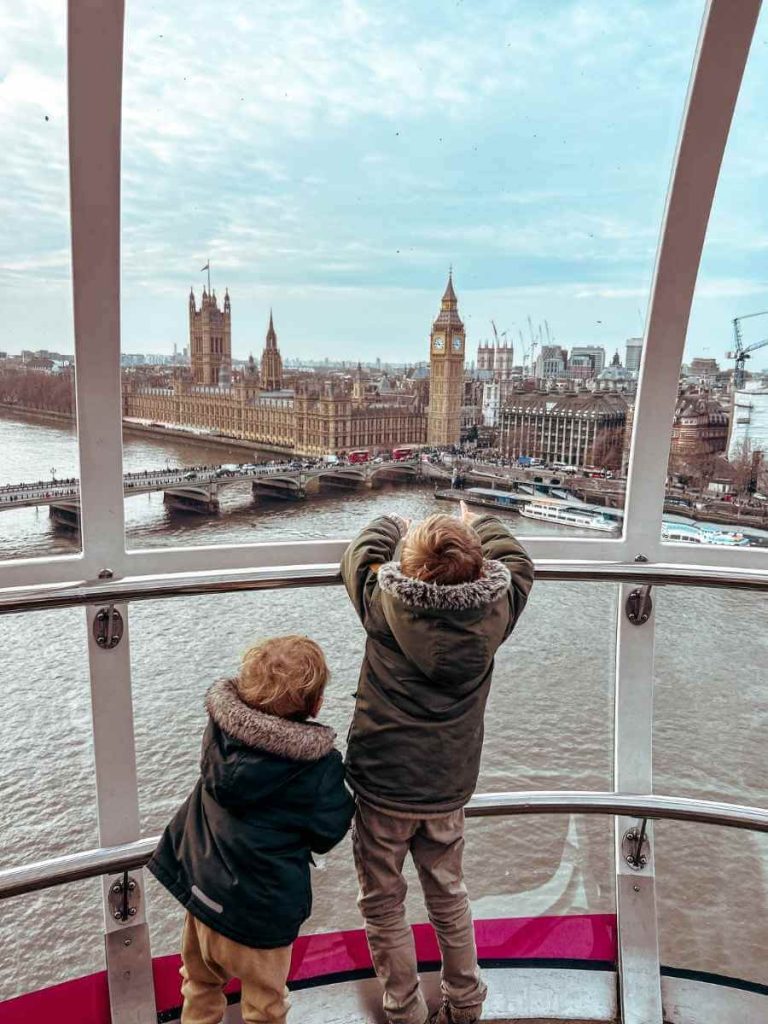Children looking at the Views from the London Eye, a must do experience on a family trip to London