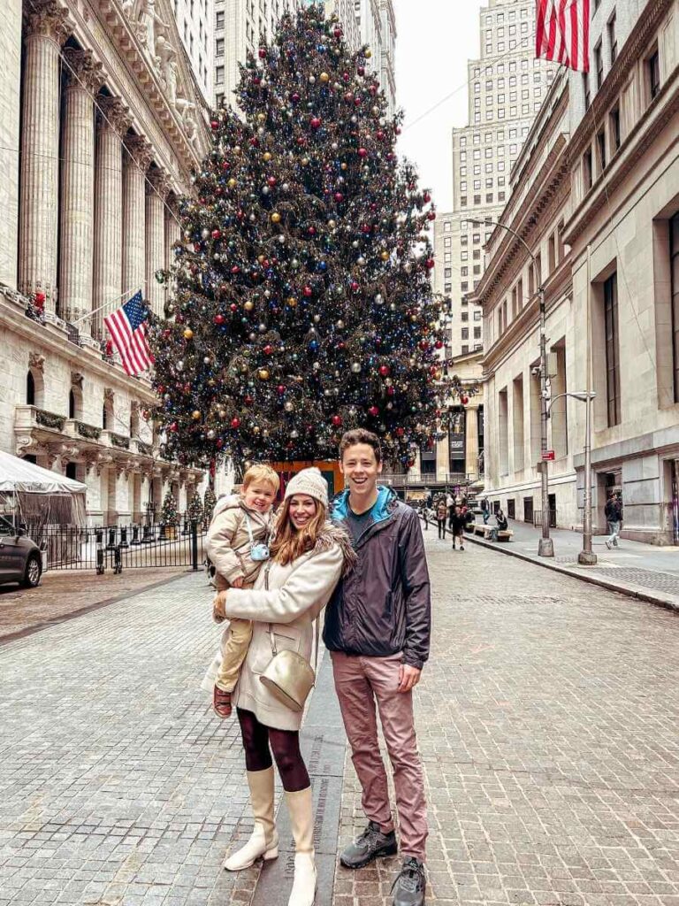 The Wall Street Christmas tree in New York City, a festive sight in the Financial District during Christmas.