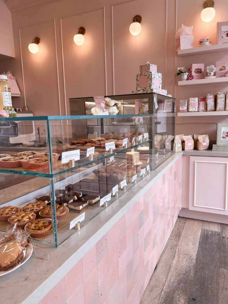 Pink interior of Sweet Laurel Bakery – a beautiful and delicious stop during our Los Angeles family vacation.