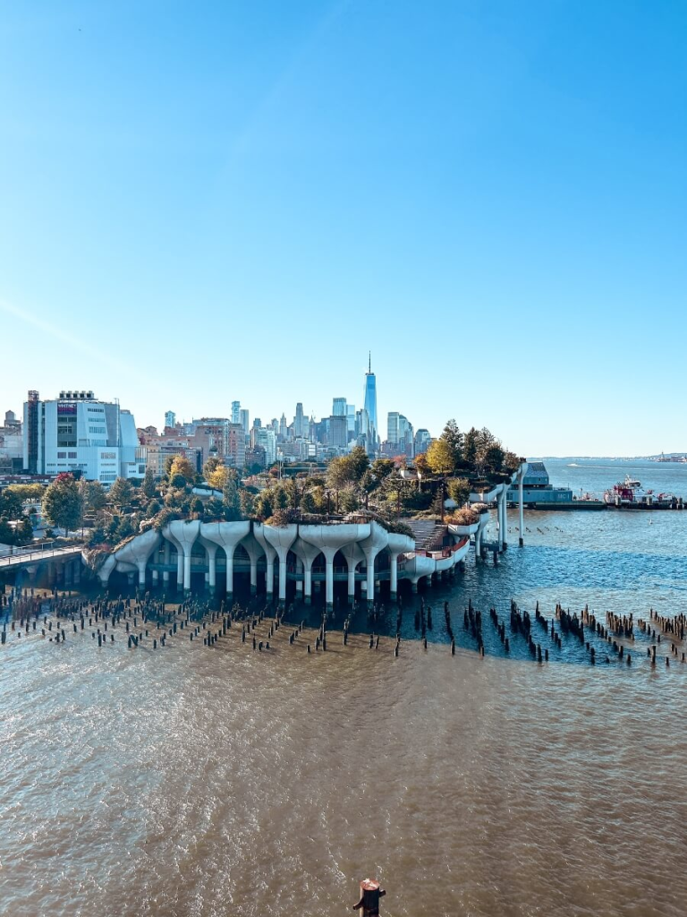 Looking out from Pier 57 rooftop park – a new and unique place to visit in New York for panoramic views and relaxation.