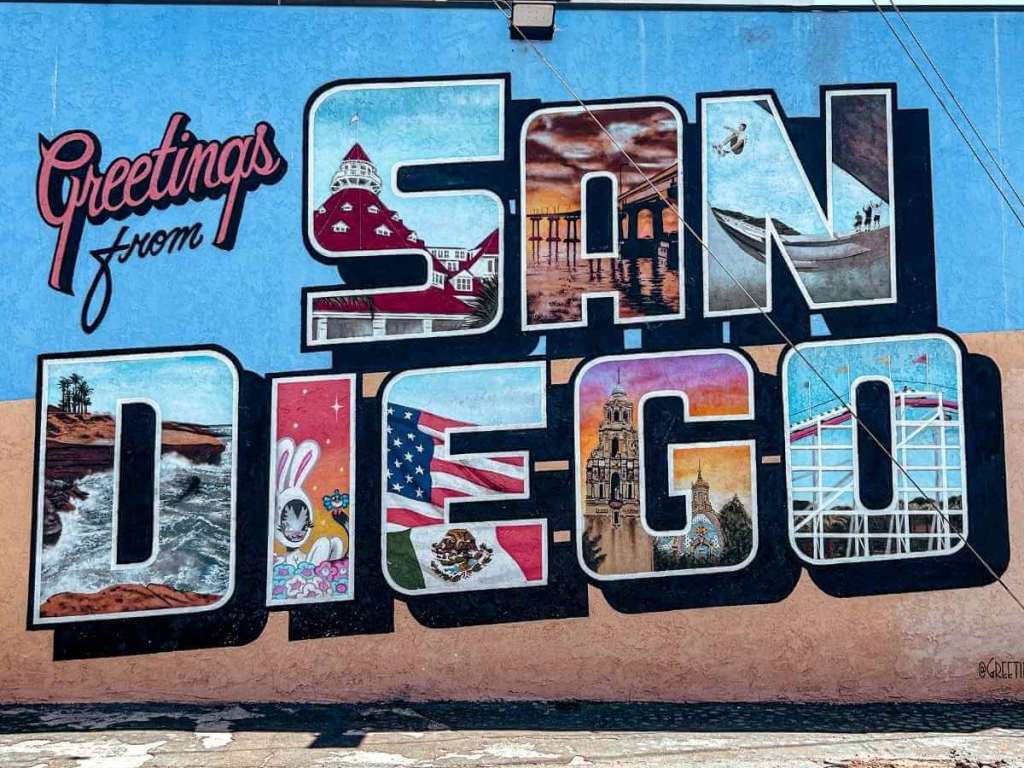 Colorful Visit San Diego mural, a fun photo spot for families visiting the city