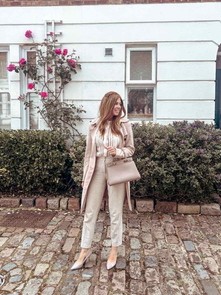 Smart and polished spring look: cigarette trousers paired with a blouse, trench coat, and kitten heels