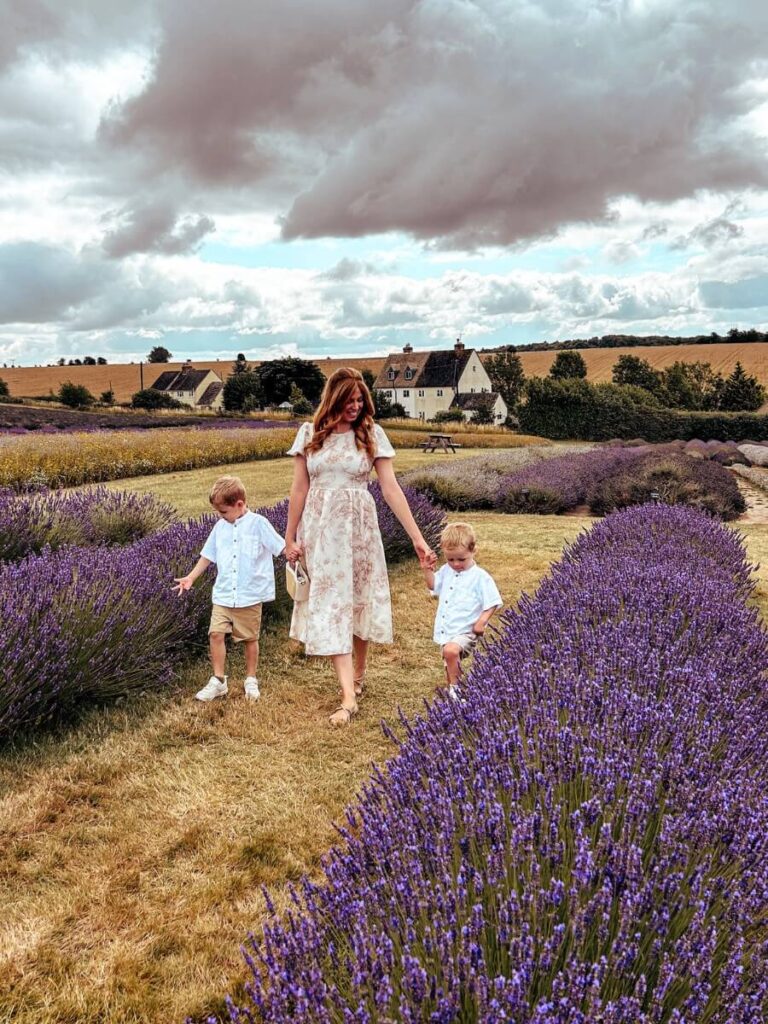 Family visiting Cotswolds Lavender, a beautiful place to visit in the Cotswolds with kids on a 2 day Cotswold itinerary