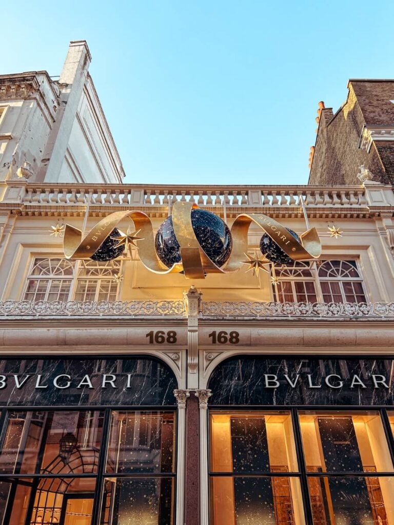 The luxury decor outside Bvlgari at Christmas