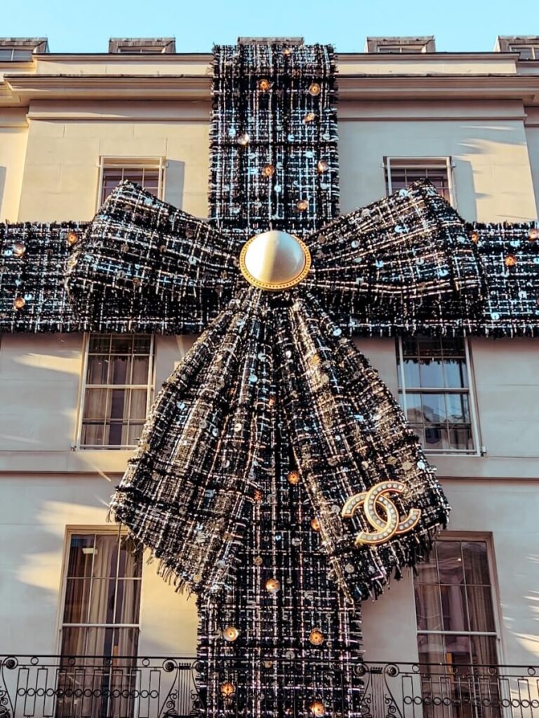 A giant tweed bow outside Chanel New Bond Street at Christmas.