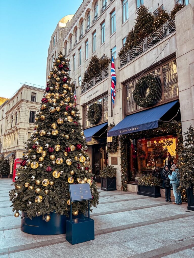The festive decorations at Ralph Lauren New Bond Street during Christmas.
