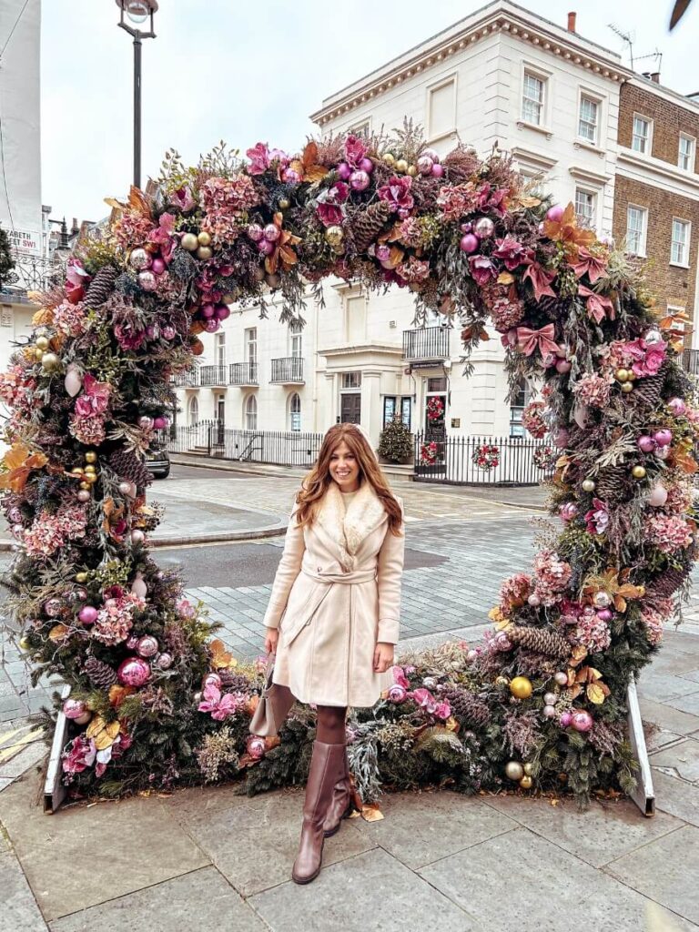 A pink floral display on Elizabeth Street in Chelsea, London.