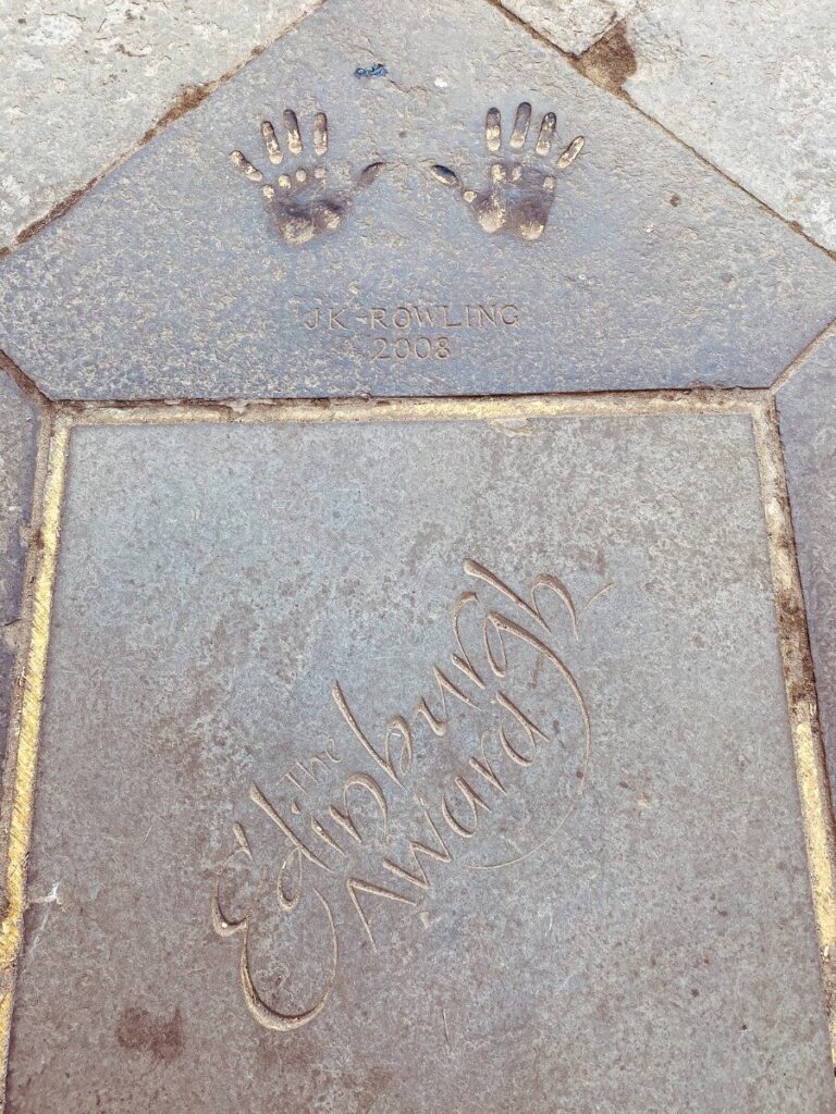 JK Rowling's handprints by the 2008 Edinburgh award. 