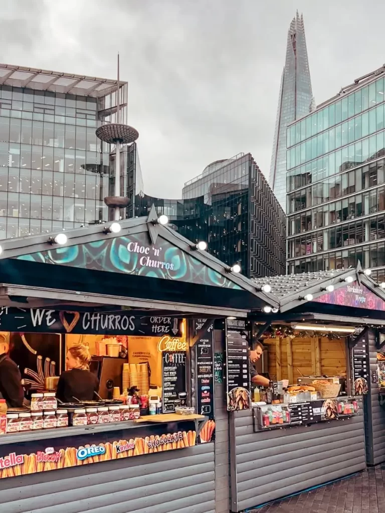 View of the Shard behind London Bridge City Christmas Market.