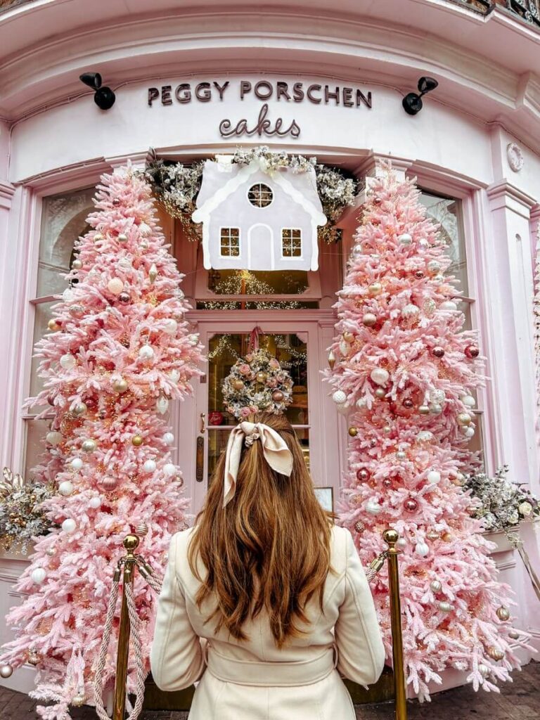 Pink Christmas decorations outside Peggy Porschen in Belgravia
