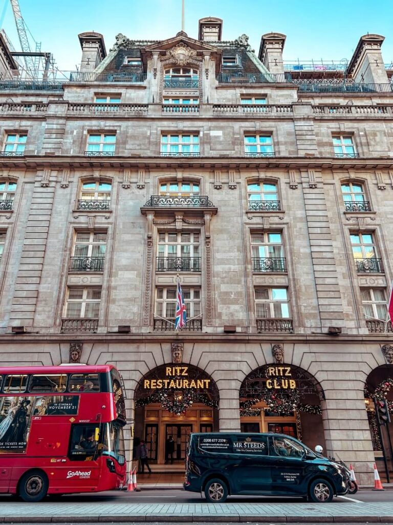 The festive wreaths outside The Ritz lit up for Christmas