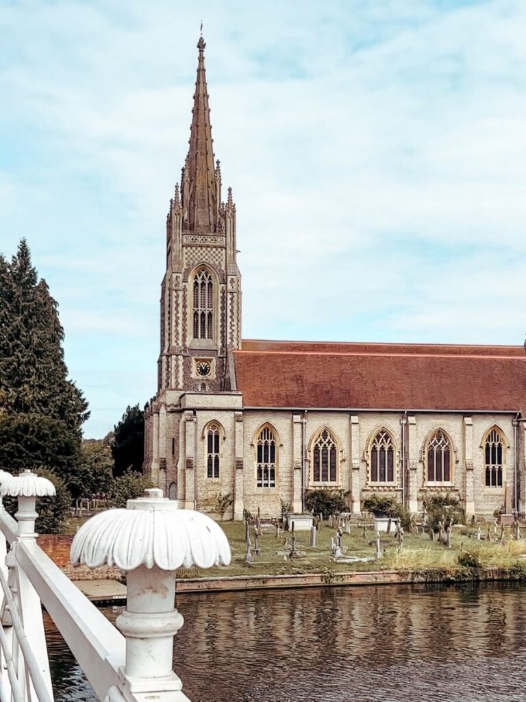 The view of All SSaints Church from the Marlow Suspension bridge
