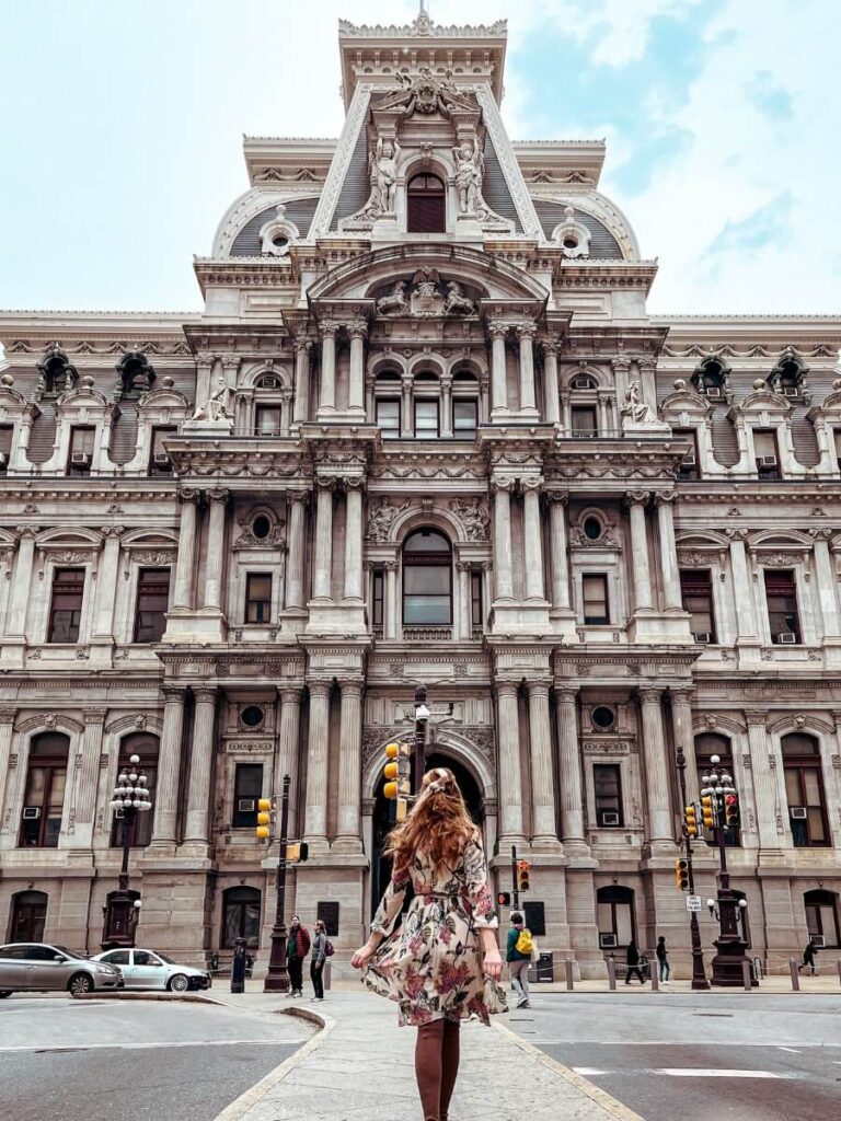 The front of Philadelphia City Hall's beautiful architecture.