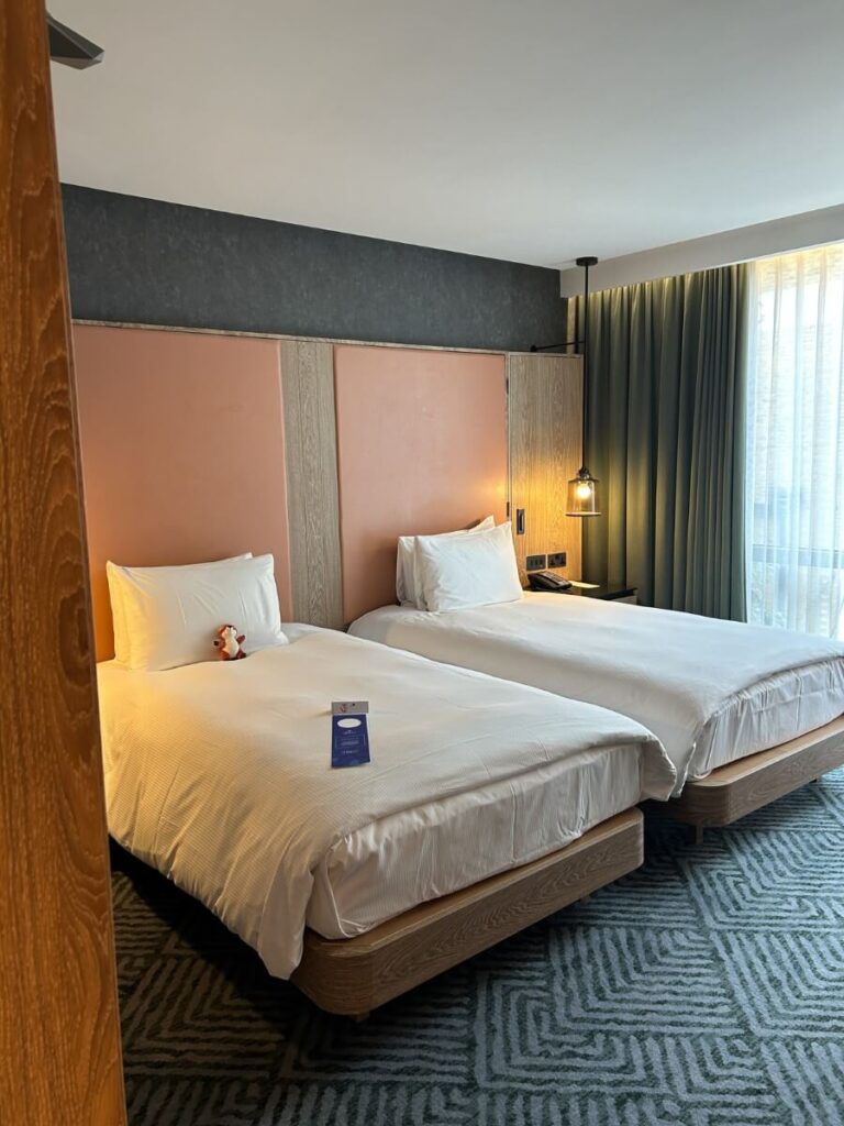 Twin Beds for children with cute little fox stuffies at the Hilton London Bankside review