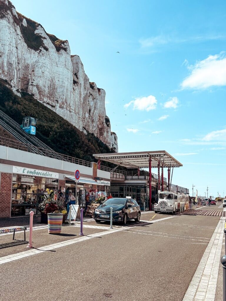 View of the Le Tréport Funiculaire and minuture tourist train from the bottom.