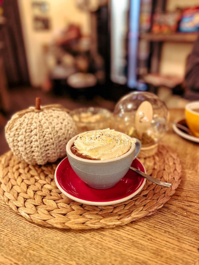 Delicious hot chocolate and seasonal decor at Lžička Café Prague