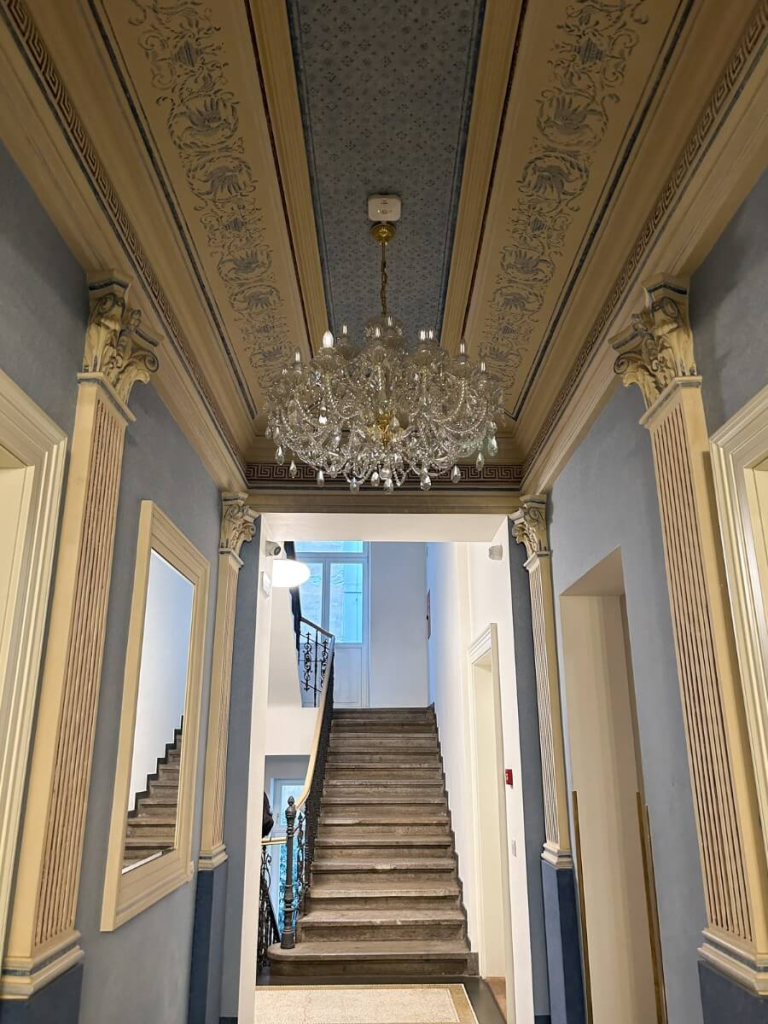 The grand entranceway to Petrin Tower Apartments