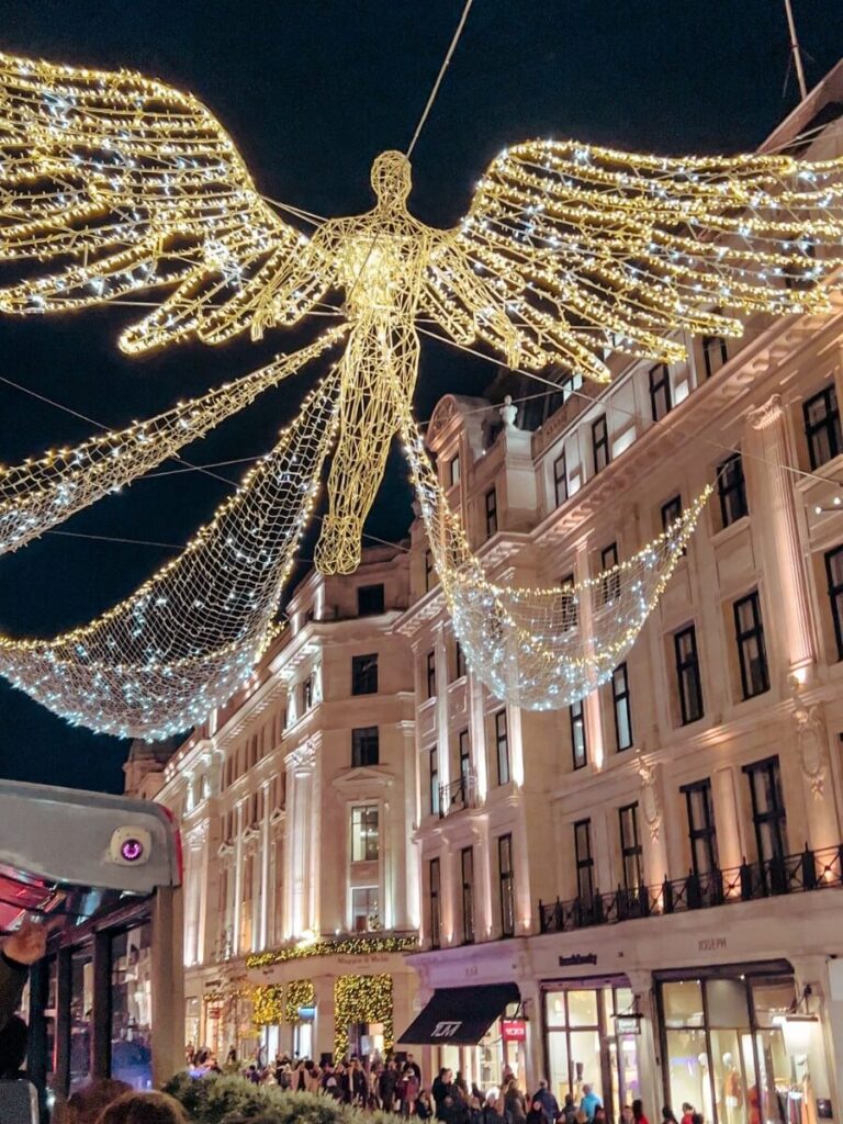 Close up view of the Regent Street lights form the London Christmas Lights bus tour. 