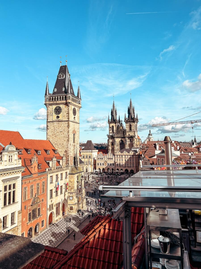 View of Prague's Old Town Square from Teresa U Prince Rooftop Bar.