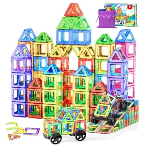 Lightweight Magnetic Tiles from Amazon, a perfect toddler travel activity.