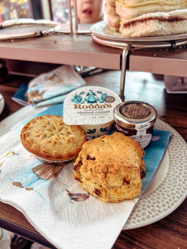 Scones with jam and cream and a festive mince pie are included with all menus on the afternoon tea.