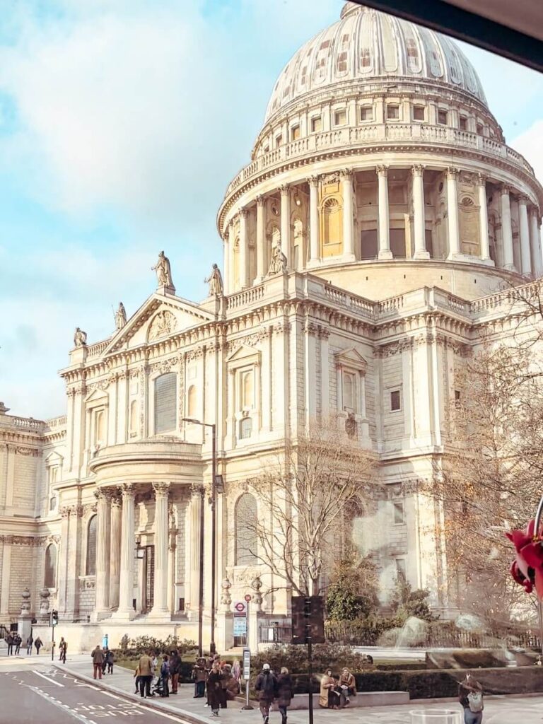 View of St Pauls Cathedral from the Christmas afternoon tea bus in London.