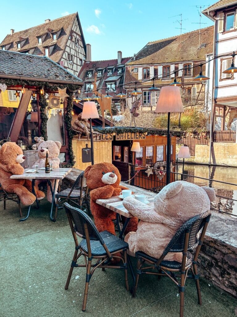 Cute cafe in Colmar decorated with giant teddy bears.