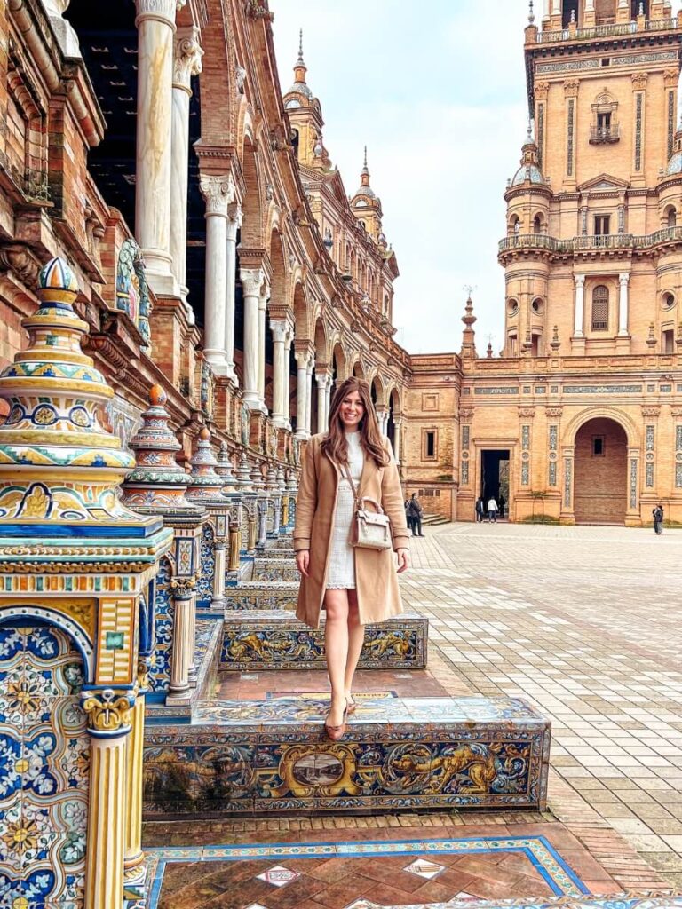 Mum in the City enjoying Plaza de España. One of the top things to do in Seville, Spain.