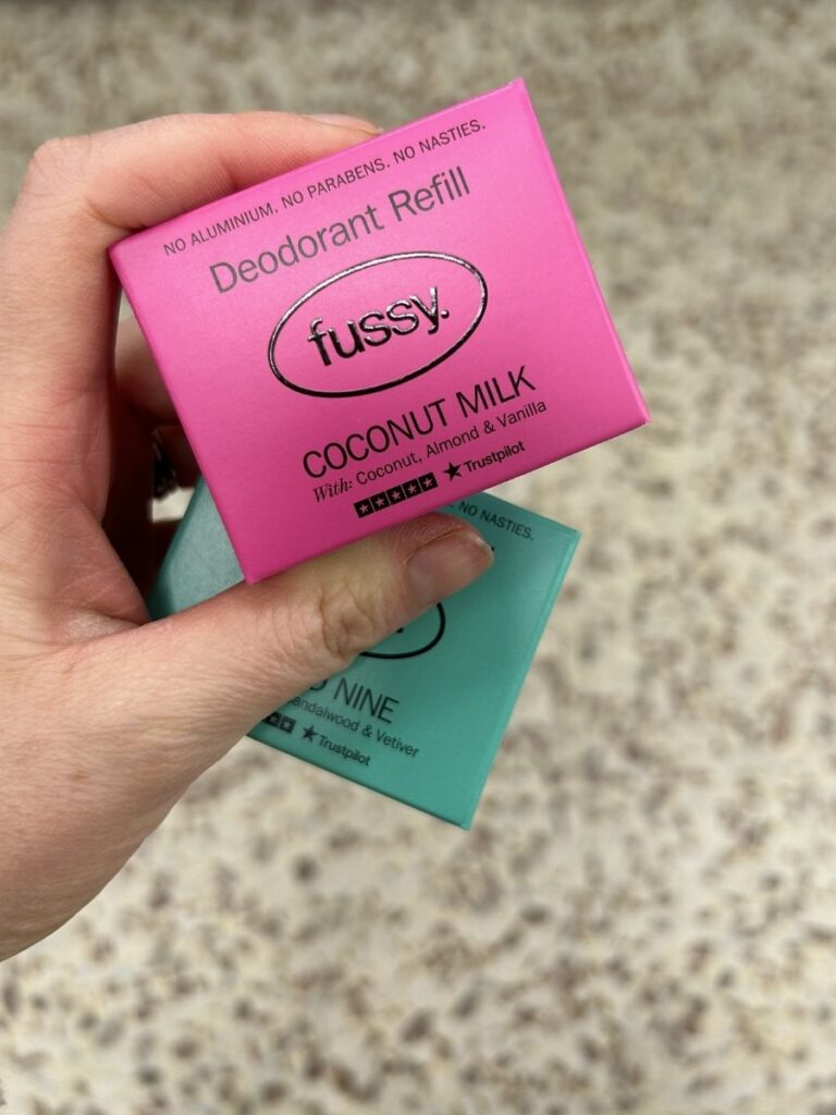 Eco-friendly  packaging of the Fussy Natural deodorant refils