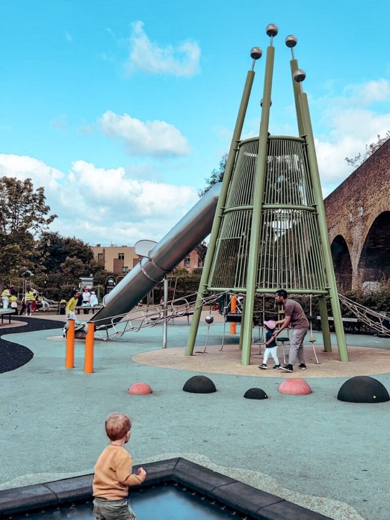 Trampoline and huge slide in Millwall Park, South East London