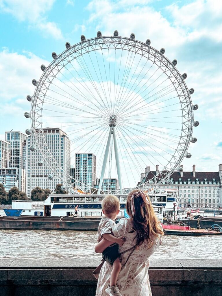 Lookng at the London Eye on the South Bank area of London, a perfect area to stay with kids. 