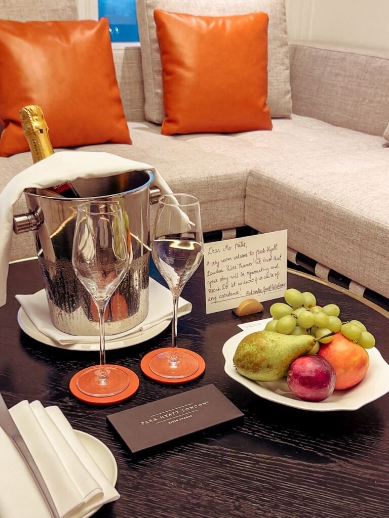 Champagne, chocolate and fruit, a great welcome treats for parents.