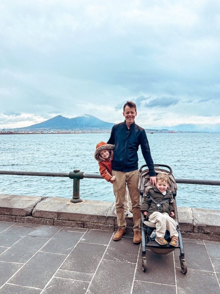 View of Mount Vesuvius from the waterfront. A lovely walk in Naples with kids.