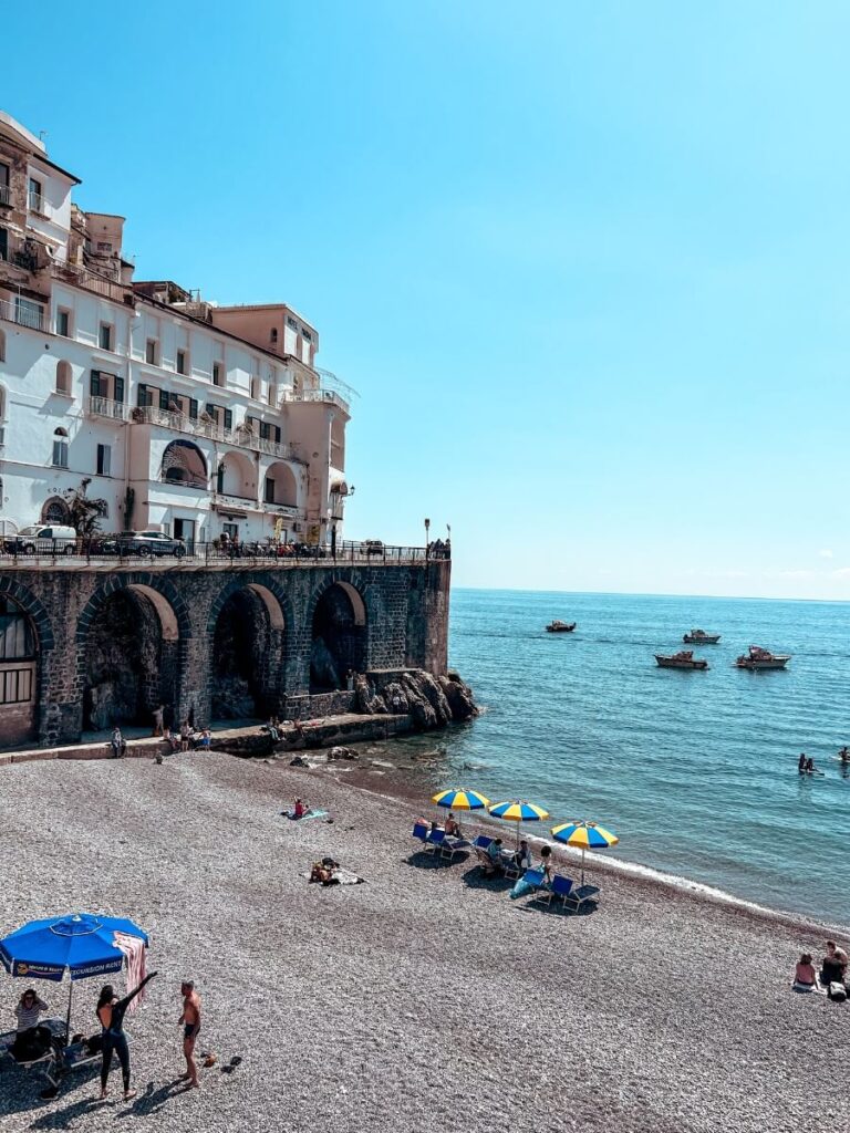 View of Amalfi Beach, one of the best places to visit in Amalfi town.