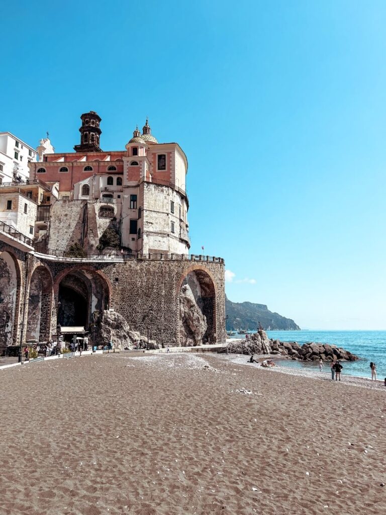 View of Atrani Beach. Walking from Amalfi to Atrani is a fun things to do on the Amalfi Coast.