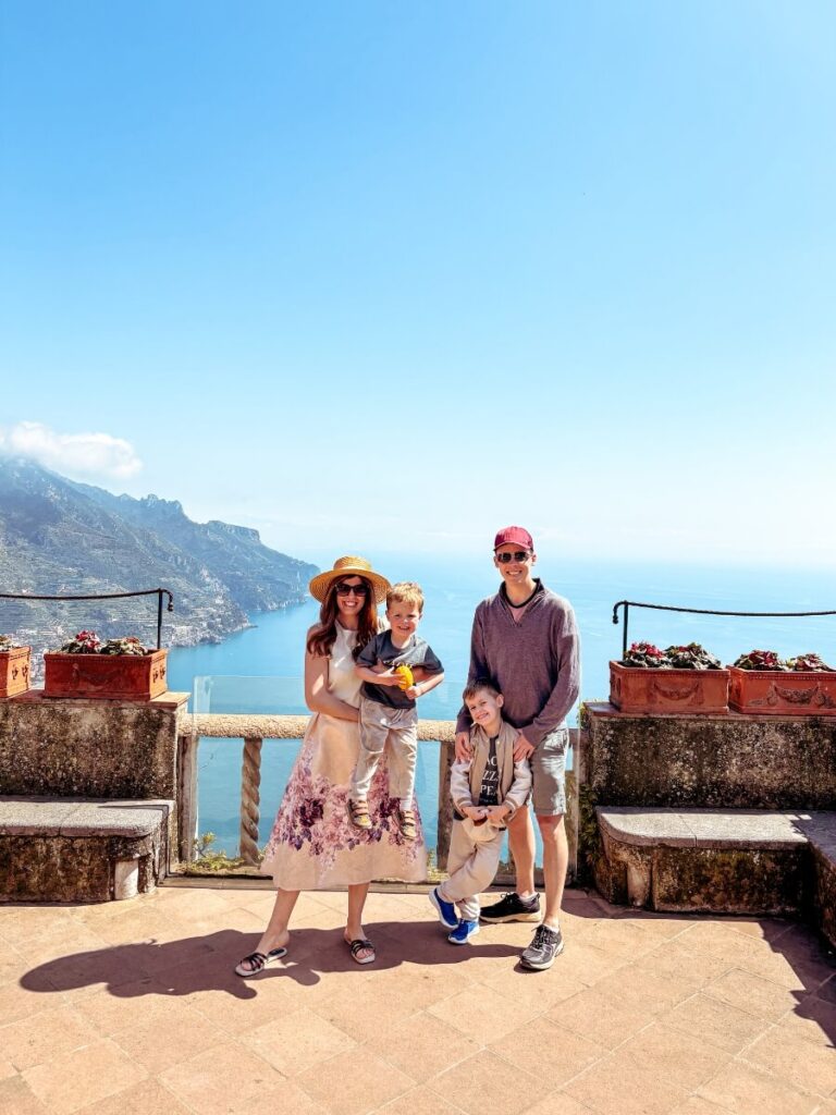 Family in front of the gorgeous view at Villa Rufolo, Ravello.