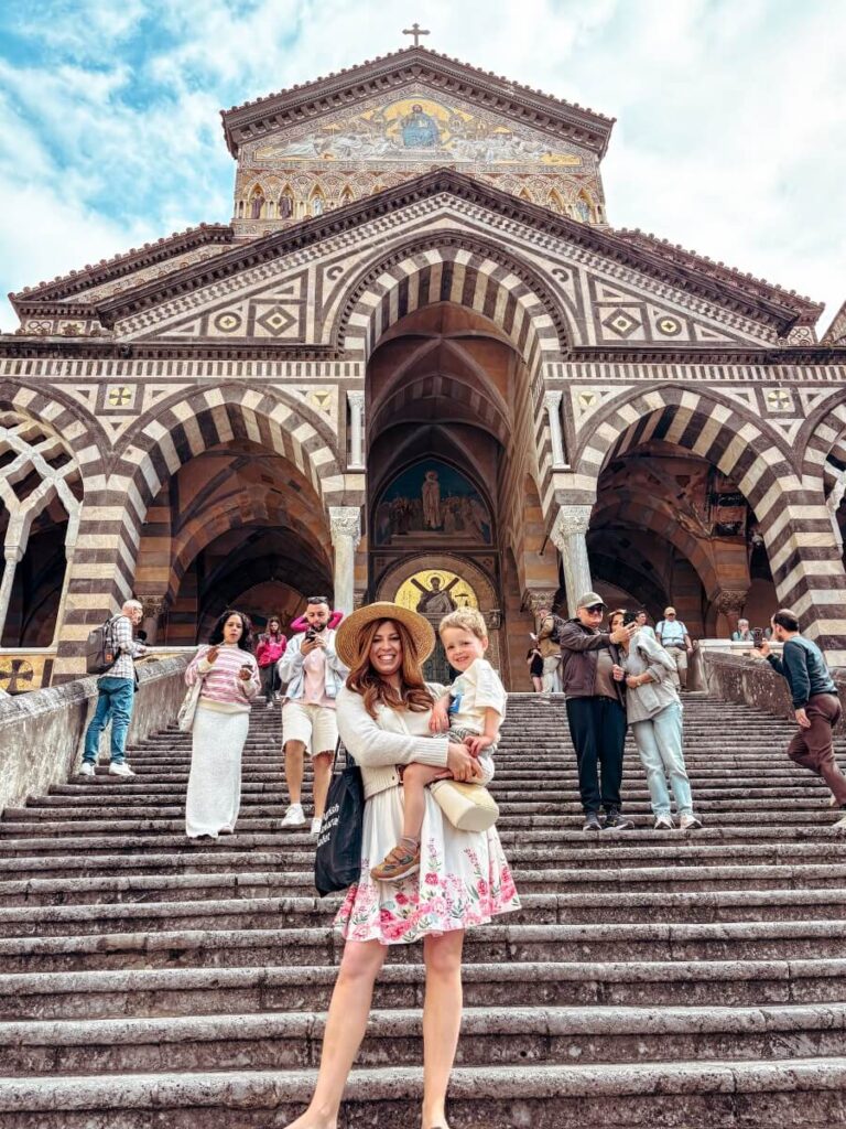 Outside the Cathedral of St Andrew Apostle Amalfi on a visit to the Amalfi Coast with kids.