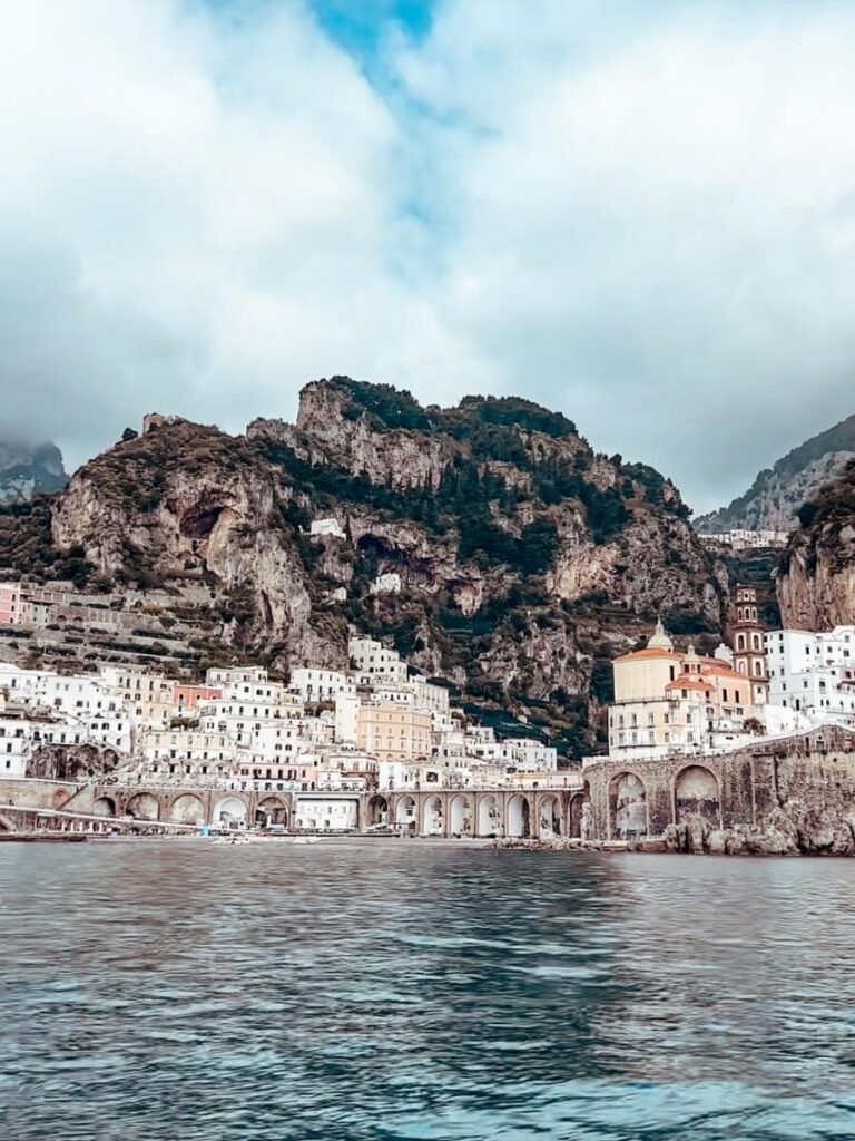 View of Atrani from the ferry, the best way to get aroud the Amlafi Coast with kids.