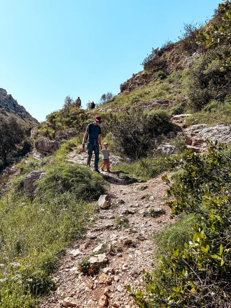 Hiking down to the suspension bridge on the Matera hike.