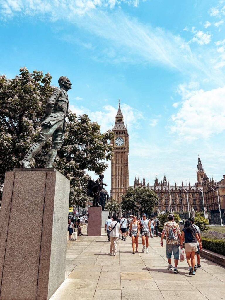 View of Big Ben from Parliament Square, London Victoria, Westminster area.