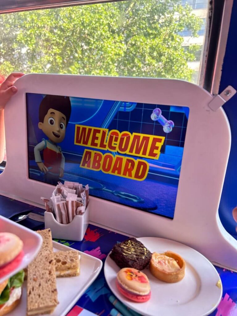 The interactive screen on the Paw Patrol afternoon tea bus. 