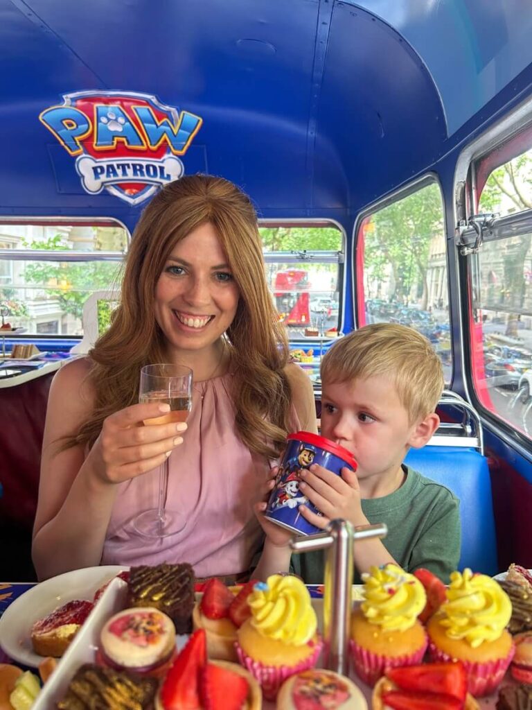 Mum in the City and her son on the Paw Patrol Afternoon Tea Bus.