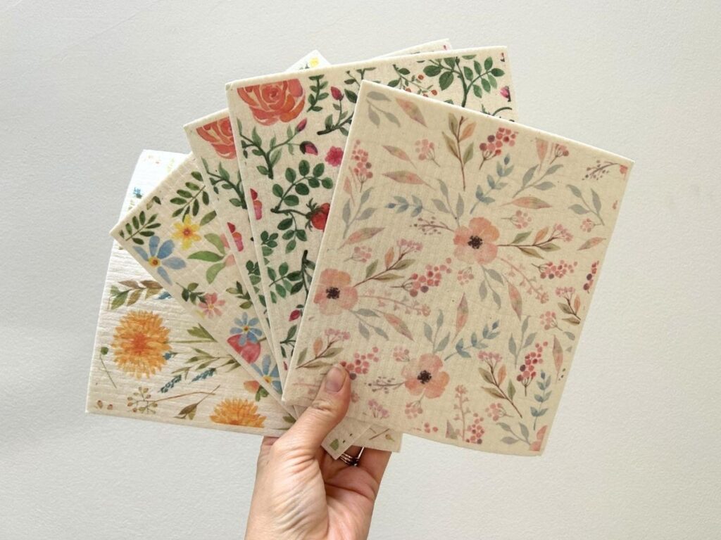 Floral Sweedish Discloths, perfect for cleaning and to replace kitchen roll.